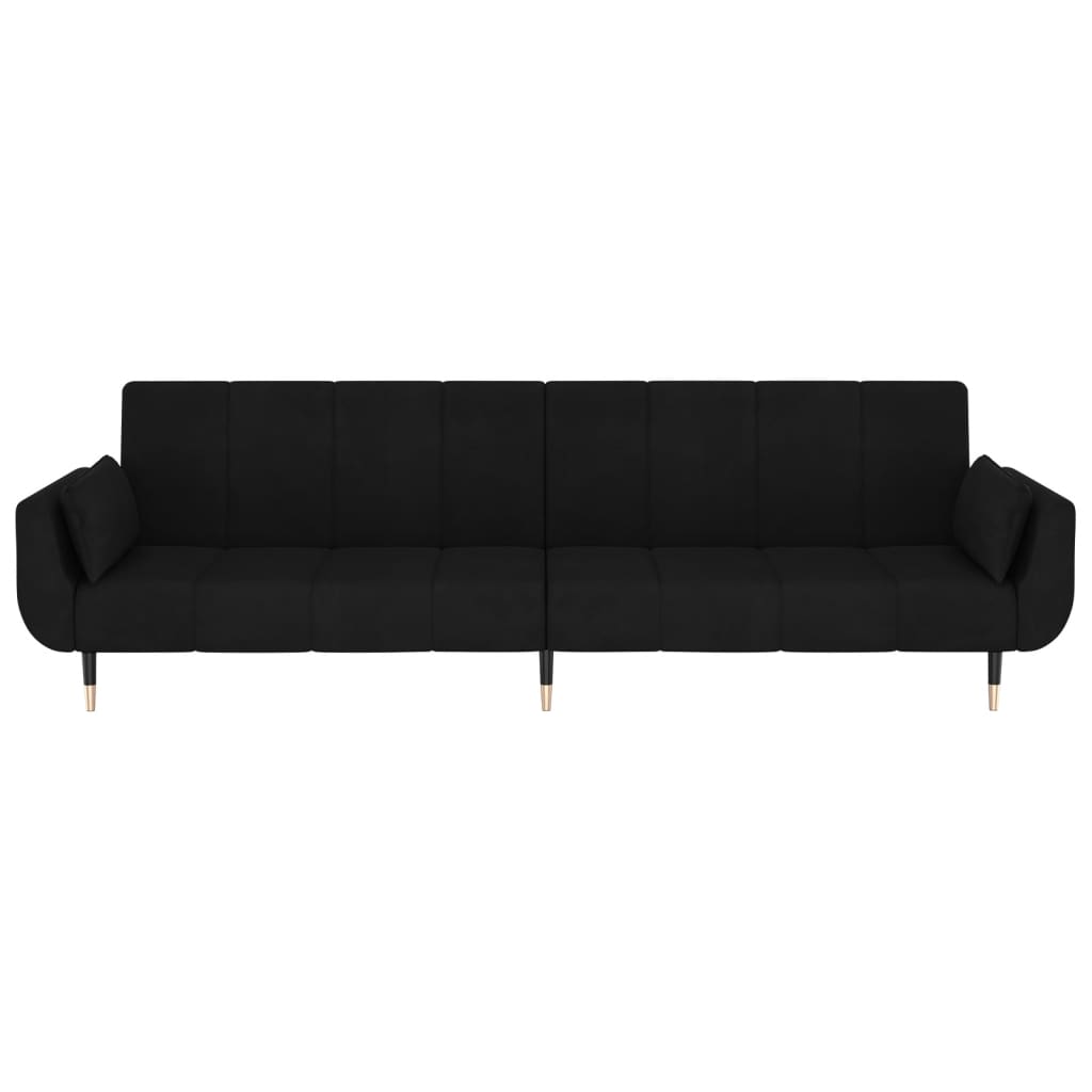 Sofá Cama de 2 Lugares West - Cor Preto - Em Veludo,  Estrutura em Madeira e Pés em Metal - Com 2 Almofadas - 220x84,5-100x69-52 cm - Design Nórdico