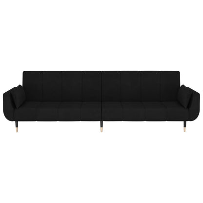 Sofá Cama de 2 Lugares West - Cor Preto - Em Veludo,  Estrutura em Madeira e Pés em Metal - Com 2 Almofadas - 220x84,5-100x69-52 cm - Design Nórdico