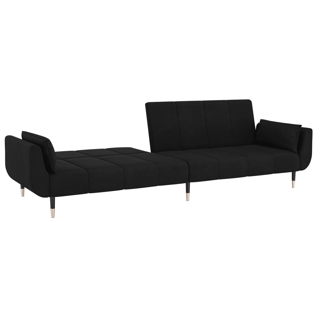 Sofá Cama de 2 Lugares West - Cor Preto - Em Veludo,  Estrutura em Madeira e Pés em Metal - Com 2 Almofadas - 220x84,5-100x69-52 cm - Design Nórdico