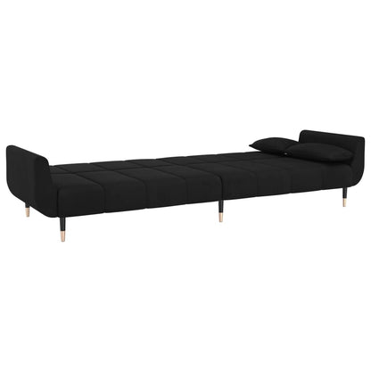 Sofá Cama de 2 Lugares West - Cor Preto - Em Veludo,  Estrutura em Madeira e Pés em Metal - Com 2 Almofadas - 220x84,5-100x69-52 cm - Design Nórdico