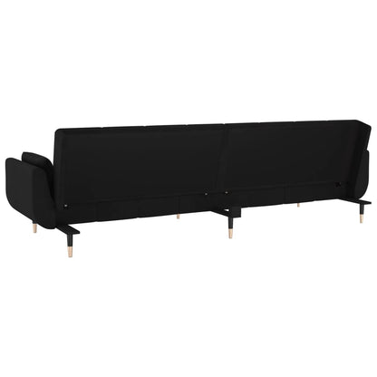 Sofá Cama de 2 Lugares West - Cor Preto - Em Veludo,  Estrutura em Madeira e Pés em Metal - Com 2 Almofadas - 220x84,5-100x69-52 cm - Design Nórdico