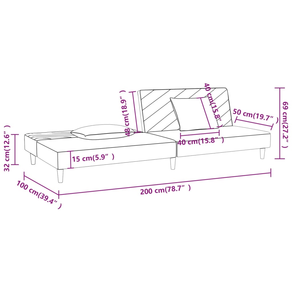 Sofá-cama 2 lugares com duas almofadas tecido cinzento-claro