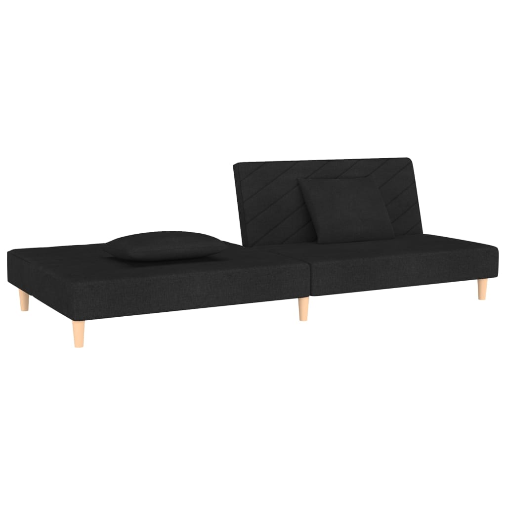 Sofá Cama Justine  - De 2 Lugares - Com 2 Almofadas - Cor Preto - Estrutura em Madeira, Acolchoado em Espuma e Estofamento em Tecido - 200x84,5-100x69-32 cm - Design Nórdico