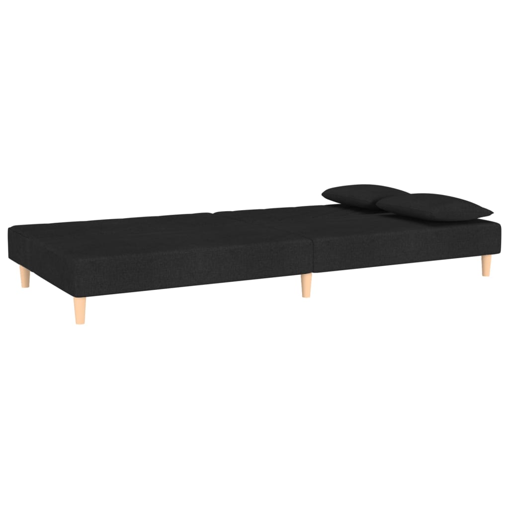 Sofá Cama Justine  - De 2 Lugares - Com 2 Almofadas - Cor Preto - Estrutura em Madeira, Acolchoado em Espuma e Estofamento em Tecido - 200x84,5-100x69-32 cm - Design Nórdico