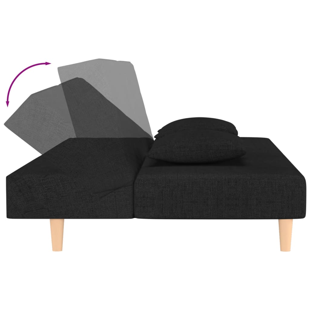 Sofá Cama Justine  - De 2 Lugares - Com 2 Almofadas - Cor Preto - Estrutura em Madeira, Acolchoado em Espuma e Estofamento em Tecido - 200x84,5-100x69-32 cm - Design Nórdico