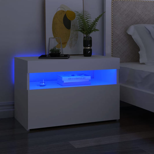 Mesa de cabeceira & luzes LED 60x35x40 cm deriv. madeira branco