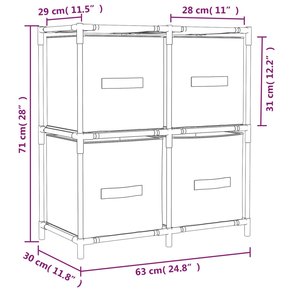 Armário de arrumação com 4 cestos tecido 63x30x71 cm aço cinza