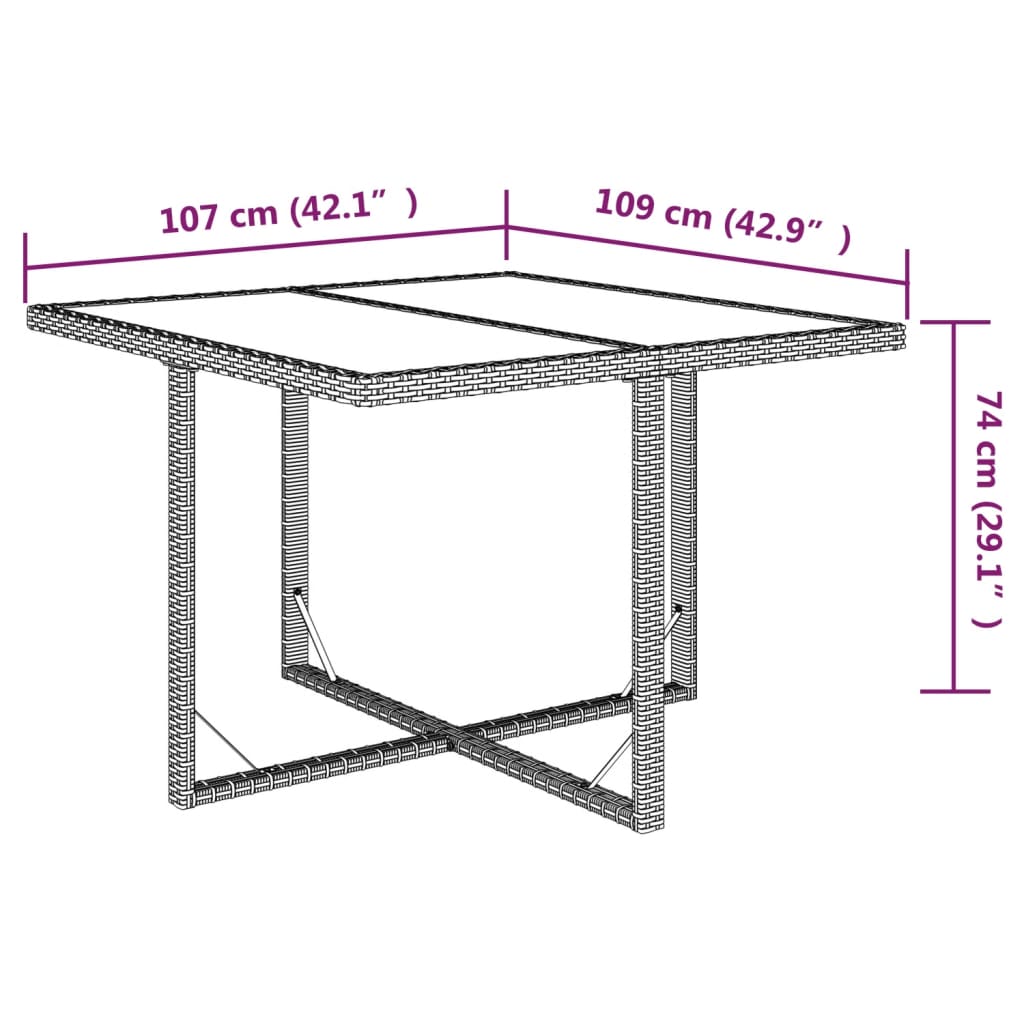 Mesa de jardim 109x107x74 cm vime PE e vidro bege