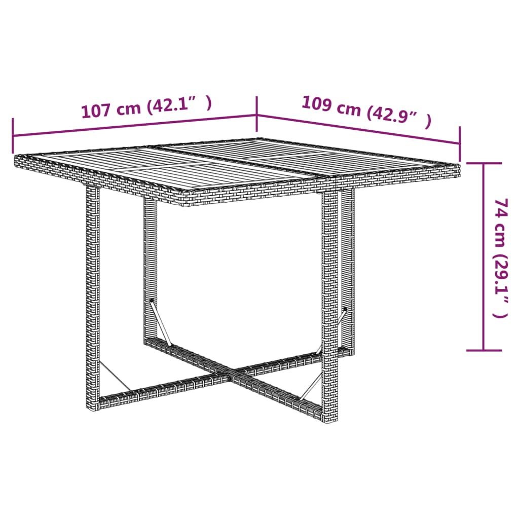 Mesa de jardim 109x107x74 cm vime PE e acácia maciça bege