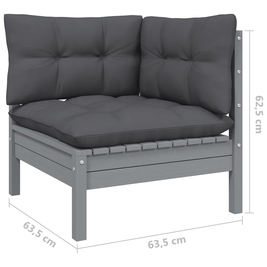 3 pcs conj. lounge jardim c/ almofadões pinho maciço cinzento