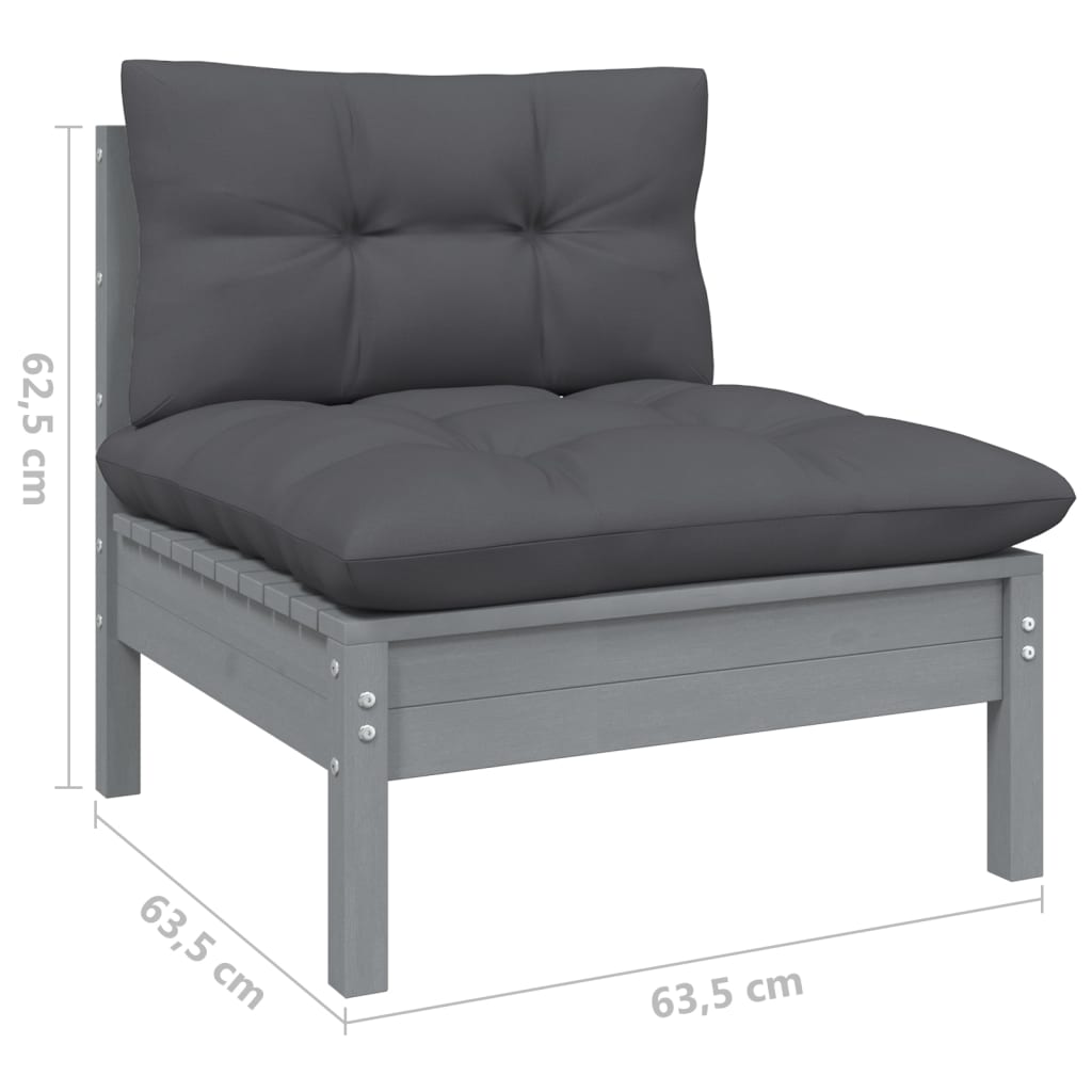 3 pcs conj. lounge jardim c/ almofadões pinho maciço cinzento