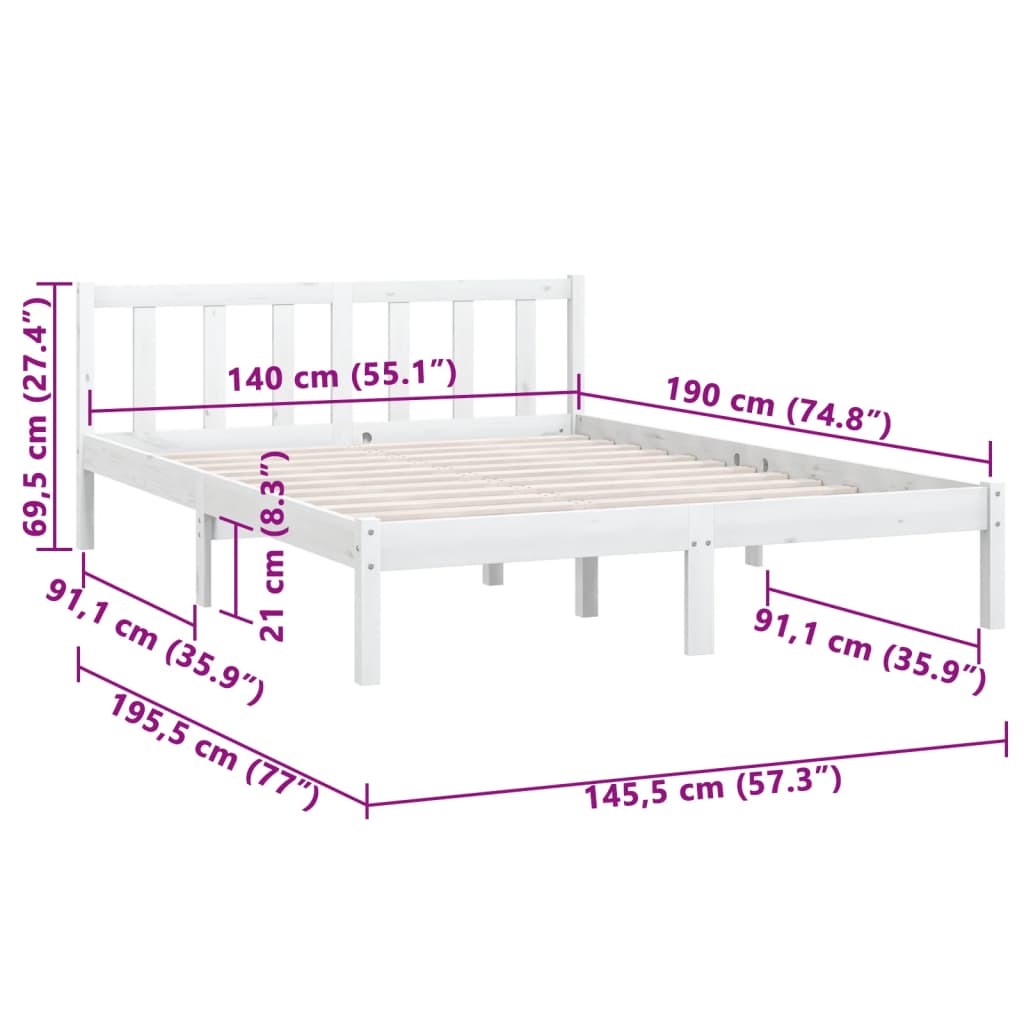 Estrutura de Cama Jane em Madeira de Pinho - 140x190 cm - Branco - Design Natura