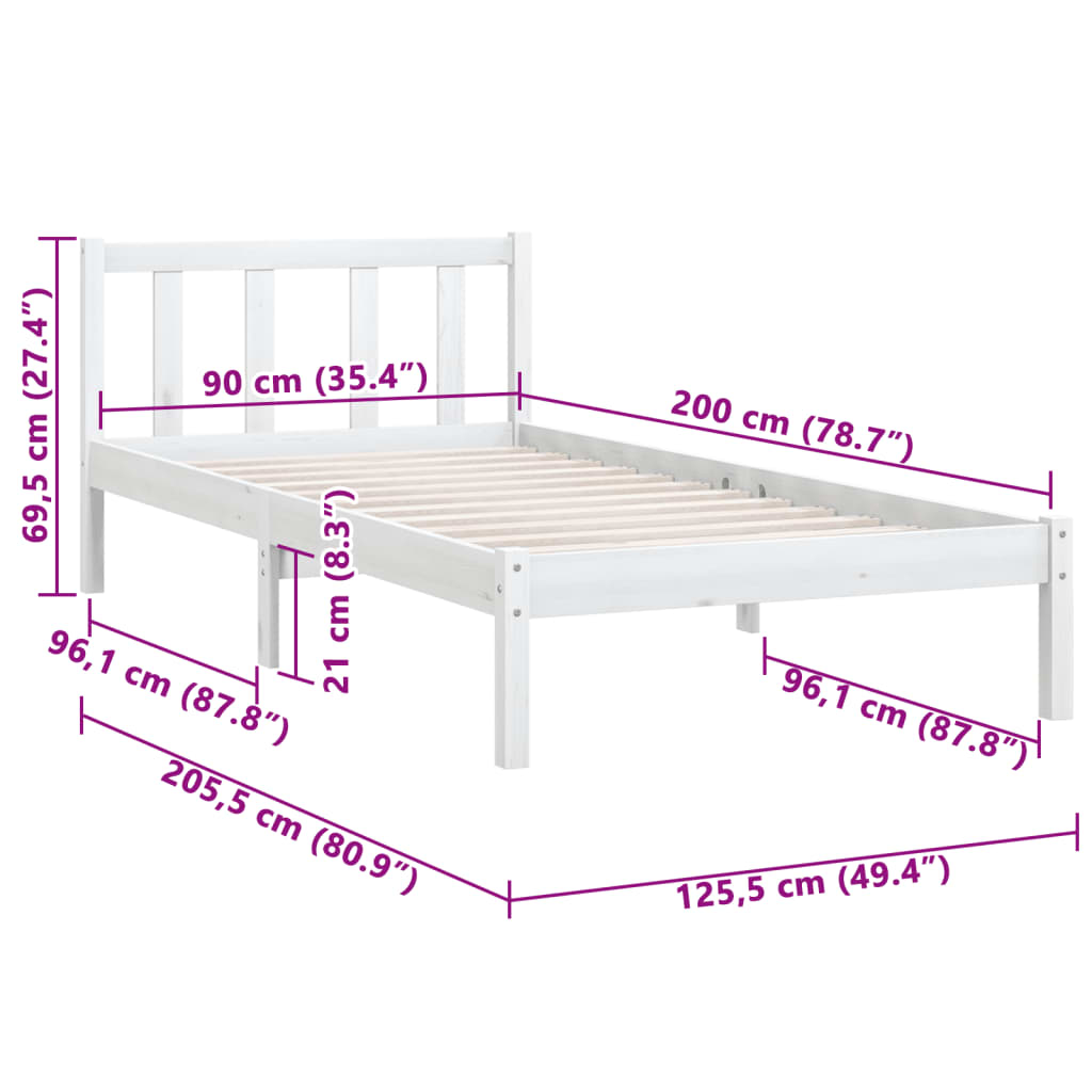 Estrutura de Cama Jane em Madeira de Pinho - 90x200 cm - Branco - Design Natura