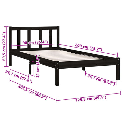 Estrutura de Cama Jane em Madeira de Pinho - 90x200 cm - Preto - Design Natura