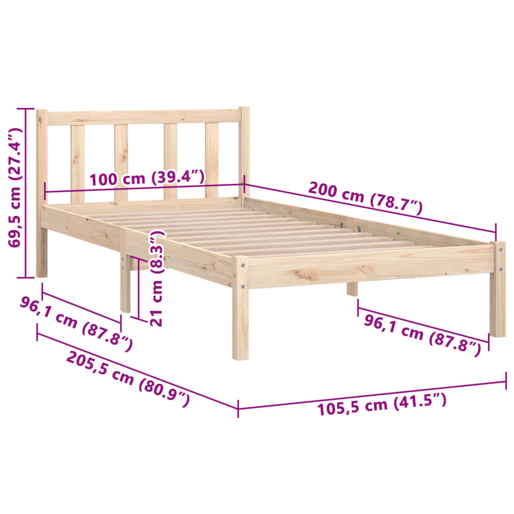 Estrutura de Cama Jane em Madeira de Pinho - 100x200 cm - Cor Natural - Design Natura