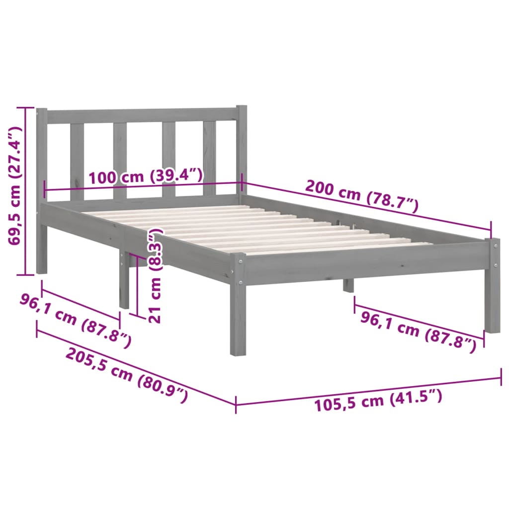 Estrutura de cama 100x200 cm madeira pinho maciço cinzento