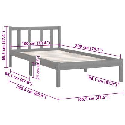 Estrutura de cama 100x200 cm madeira pinho maciço cinzento