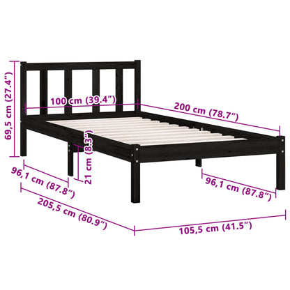 Estrutura de Cama Jane em Madeira de Pinho - 100x200 cm - Preto - Design Natura