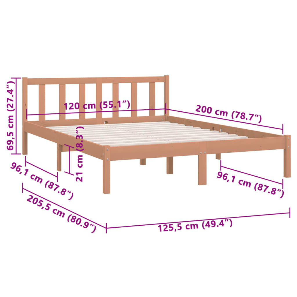 Estrutura de Cama Jane em Madeira de Pinho - 120x200 cm - Castanho Mel - Design Natura