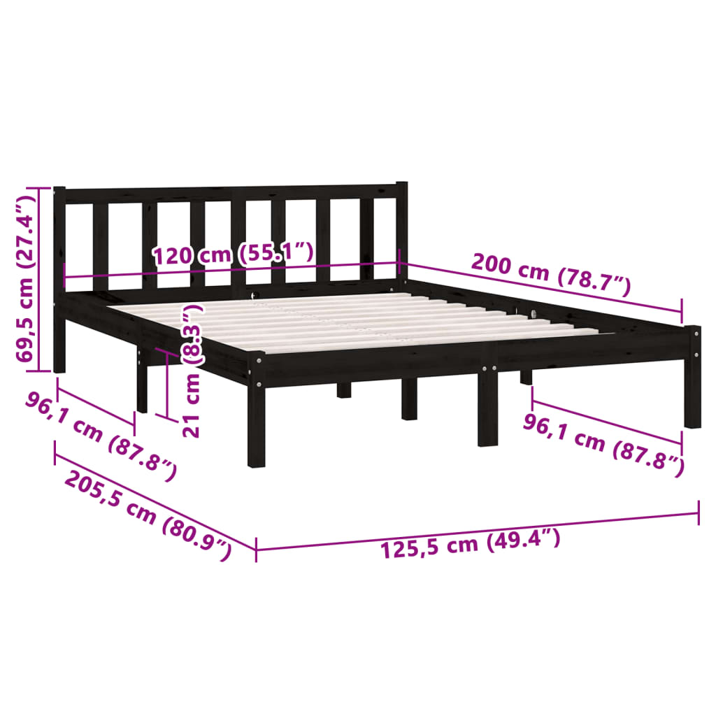 Estrutura de Cama Jane em Madeira de Pinho - 120x200 cm - Preto - Design Natura