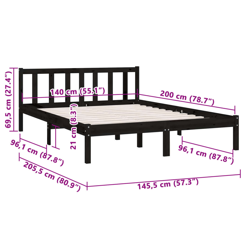 Estrutura de Cama Jane em Madeira de Pinho - 140x200 cm - Preto - Design Natura