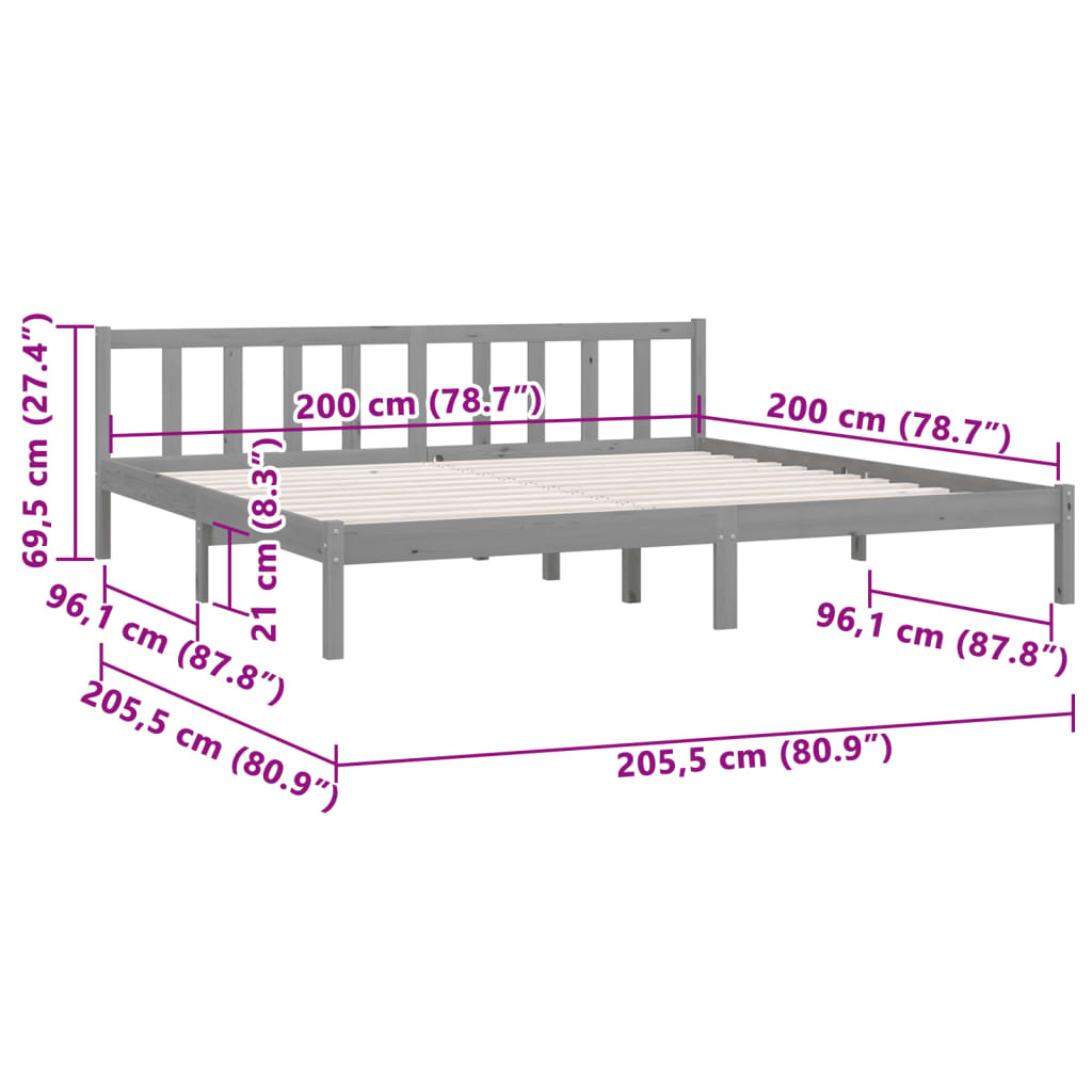 Estrutura de Cama Jane em Madeira de Pinho - 200x200 cm - Cinzento - Design Natura