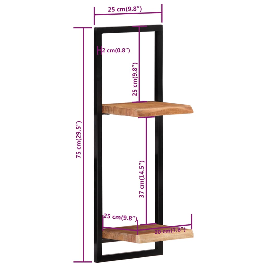 Prateleiras de parede 2 pcs 25x25x75 cm acácia maciça e aço