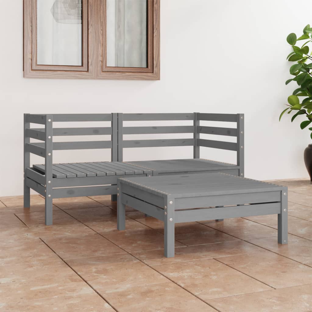 3 pcs conjunto lounge de jardim pinho maciço cinzento