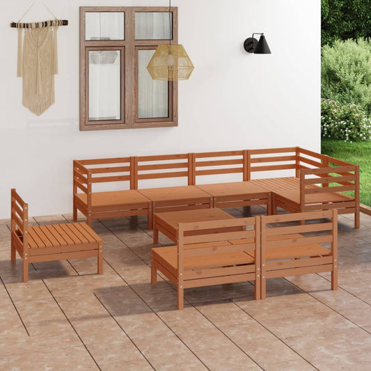 9 pcs conjunto lounge de jardim pinho maciço castanho mel