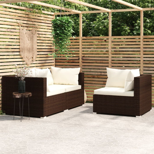 3 pcs conjunto lounge jardim c/ almofadões vime PE castanho