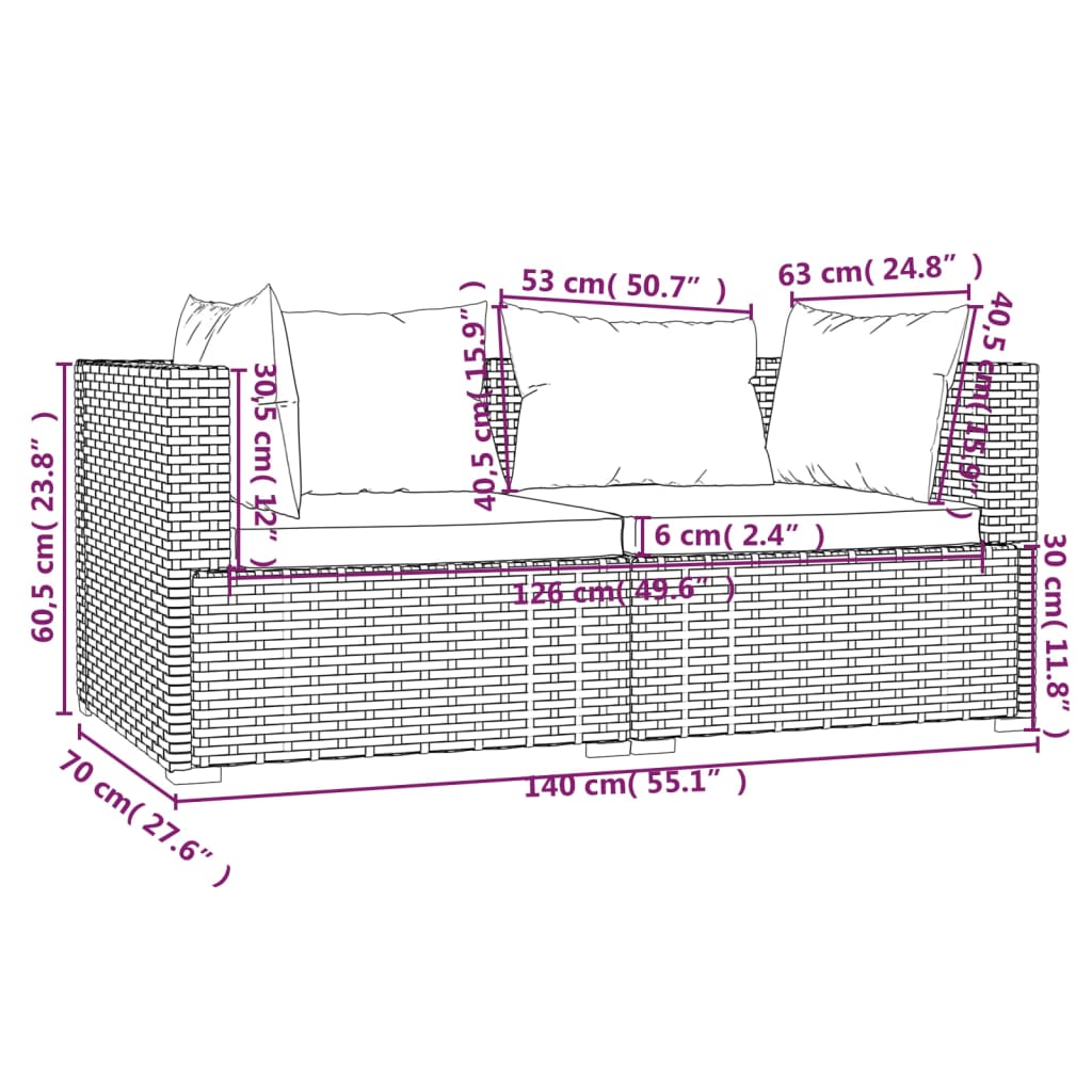 3 pcs conjunto lounge de jardim c/ almofadões vime PE cinzento