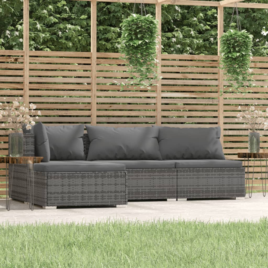 4 pcs conjunto lounge de jardim c/ almofadões vime PE cinzento