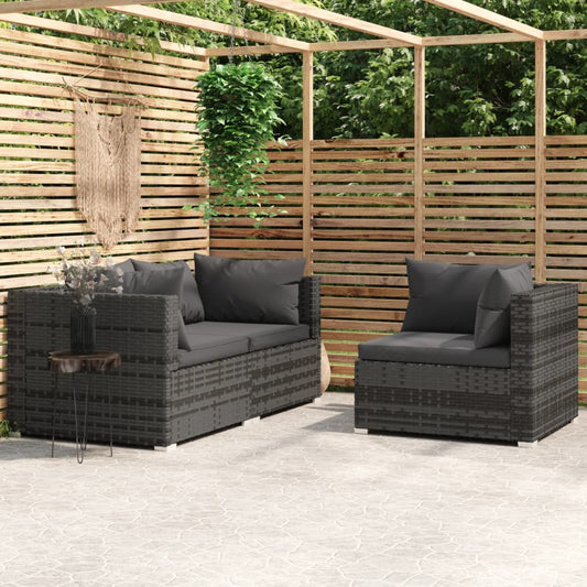 3 pcs conjunto lounge de jardim c/ almofadões vime PE cinzento