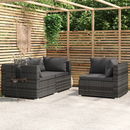 3 pcs conjunto lounge de jardim c/ almofadões vime PE cinzento