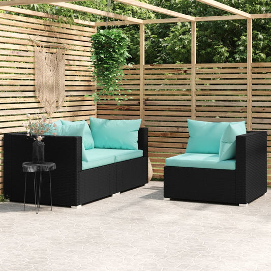 3 pcs conjunto lounge de jardim c/ almofadões vime PE preto