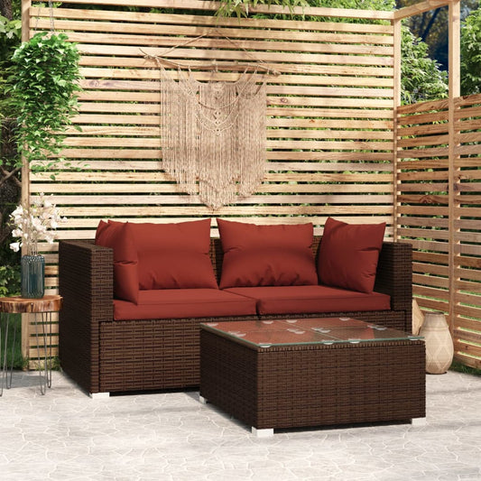 3 pcs conjunto lounge jardim c/ almofadões vime PE castanho