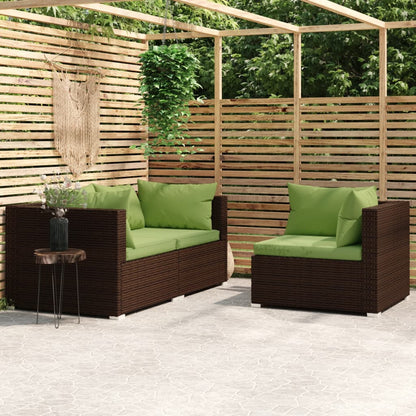 3 pcs conjunto lounge jardim c/ almofadões vime PE castanho