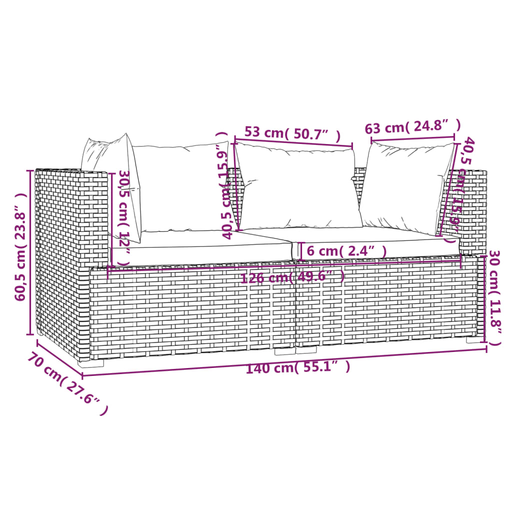 3 pcs conjunto lounge de jardim c/ almofadões vime PE cinzento