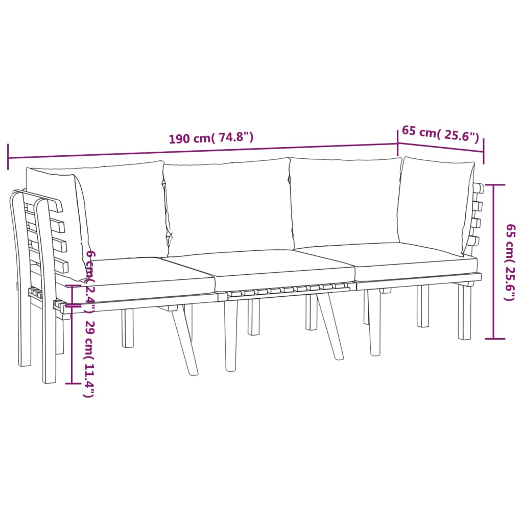 3 pcs conjunto lounge de jardim com almofadões acácia maciça