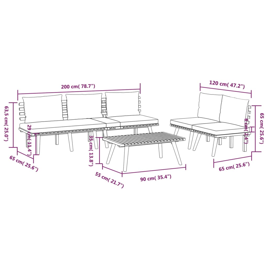 4 pcs conj. lounge jardim c/ almofadões madeira acácia maciça