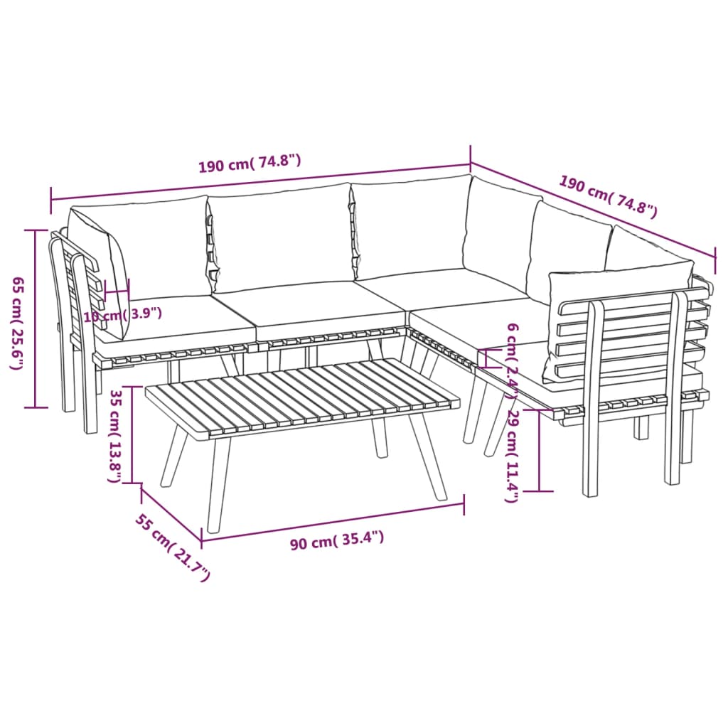 6 pcs conjunto lounge de jardim c/ almofadões acácia maciça