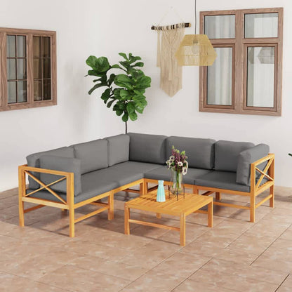 6 pcs conj. lounge de jardim + almofadões cinzentos teca maciça