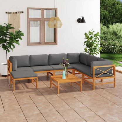 8 pcs conj. lounge de jardim + almofadões cinzentos teca maciça