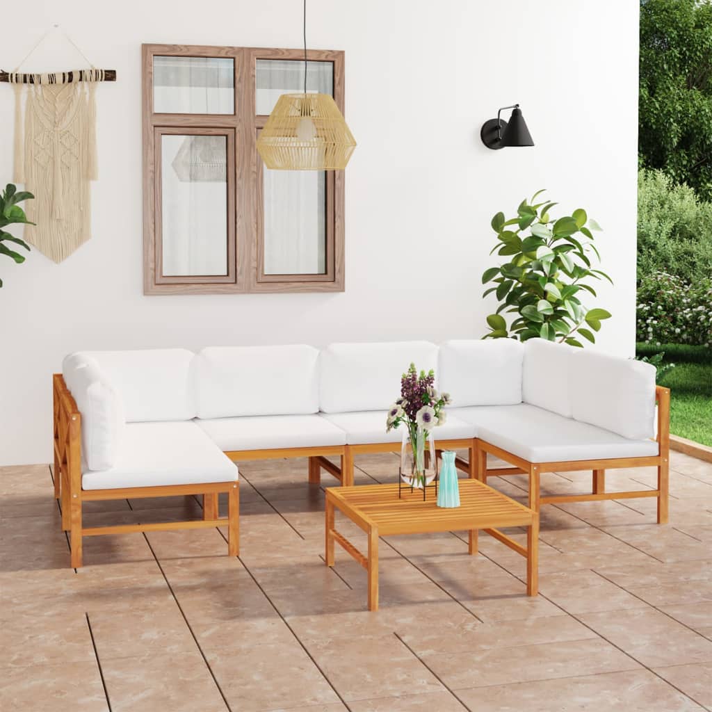 7 pcs conj. lounge jardim c/ almofadões cor creme teca maciça