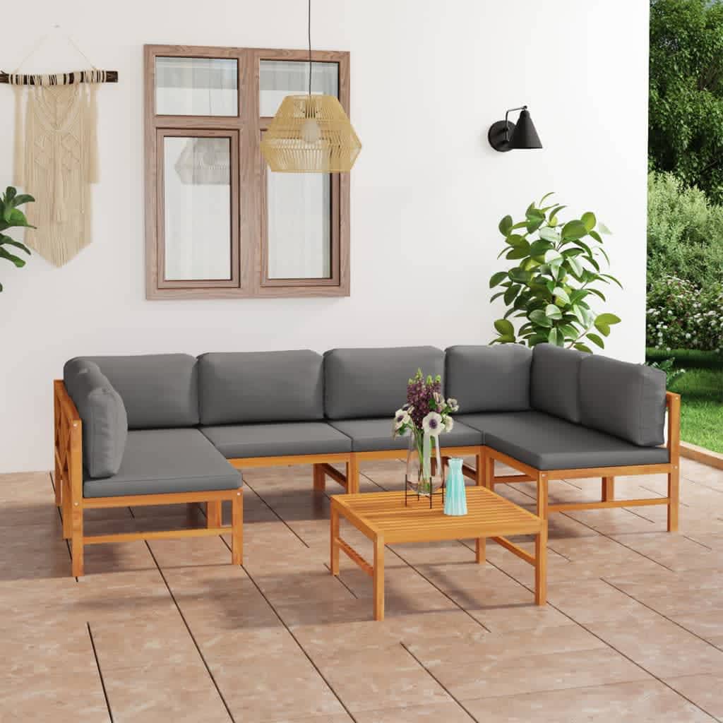 7 pcs conj. lounge jardim c/ almofadões cinzentos teca maciça