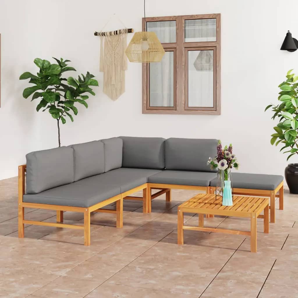 6 pcs conj. lounge jardim c/ almofadões cinzentos teca maciça