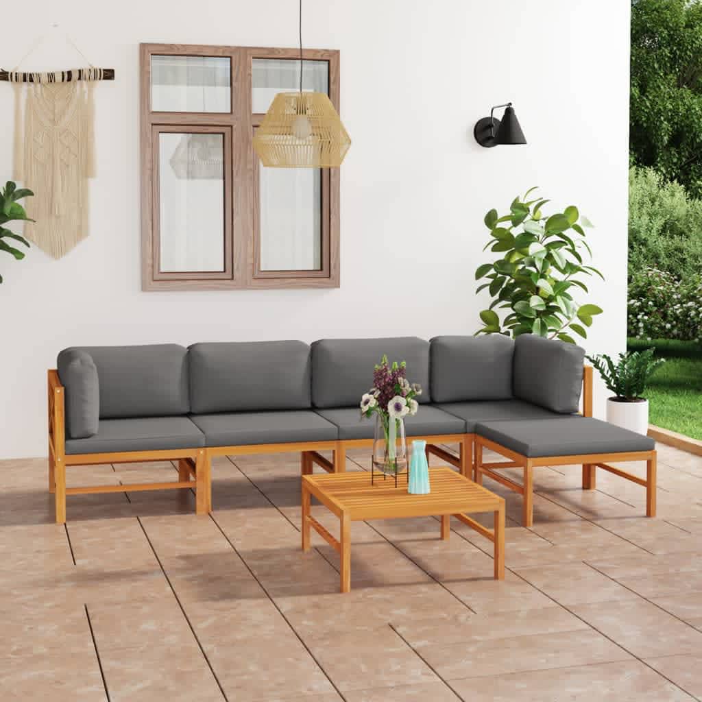 6 pcs conj. lounge jardim c/ almofadões cinzentos teca maciça