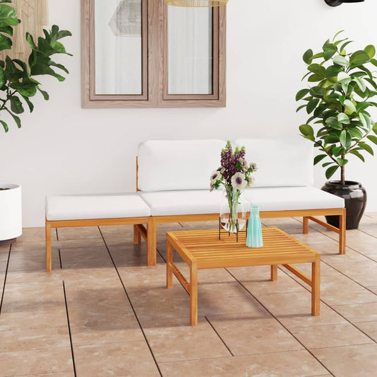 4 pcs conj. lounge jardim c/ almofadões cor creme teca maciça