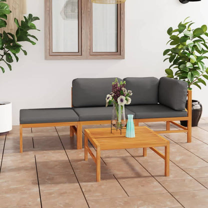 4 pcs conj. lounge jardim c/ almofadões cinzentos teca maciça