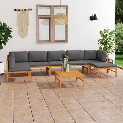 8 pcs conj. lounge jardim c/ almofadões cinzentos teca maciça